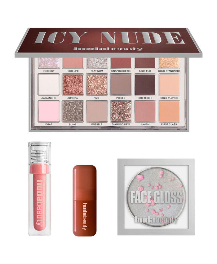 Huda Beauty Icy Nude Collection Kit Набор Тени, Блеск для Губ, Румяна, Хайлайтер